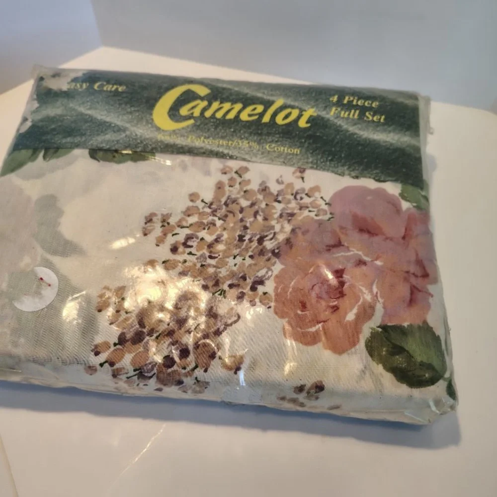 Vtg Camelot 4 Piece Muslin FULL SET AOP Floral Bed Sheets Romantic Cottagecore